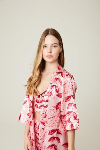 MISSDORE Satin 3-Piece Pajamas Set Ashley Borgundy Bustier Pants Dressing Gown