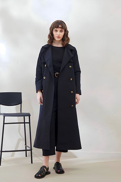 MODAQU Shawl Collar Buttoned Trench Coat Black