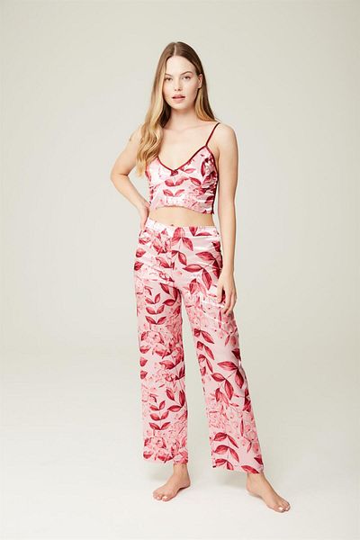 MISSDORE Satin 3-Piece Pajamas Set Ashley Borgundy Bustier Pants Dressing Gown