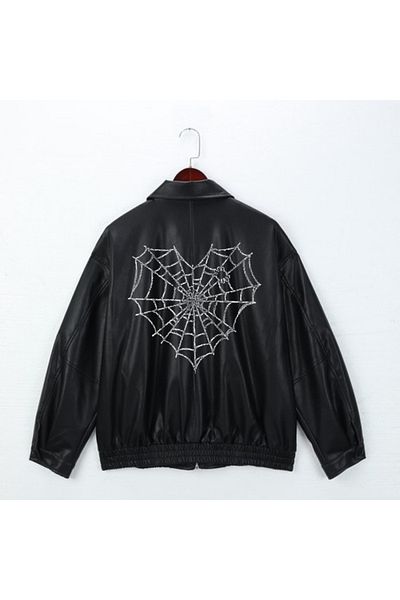 Touz Gothic Spider Printed Streetwear Μαύρο Oversize Unisex Δερμάτινο μπουφάν με επένδυση