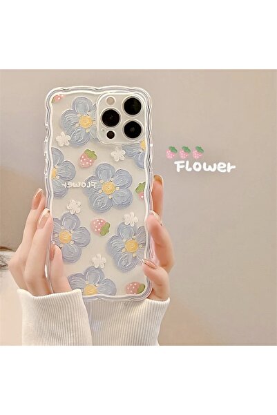 MİRAZ TASARIM iPhone 14 Promax Blue Flowers Clear Case
