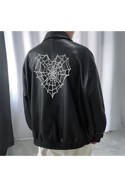 Touz Gothic Spider Printed Streetwear Μαύρο Oversize Unisex Δερμάτινο μπουφάν με επένδυση