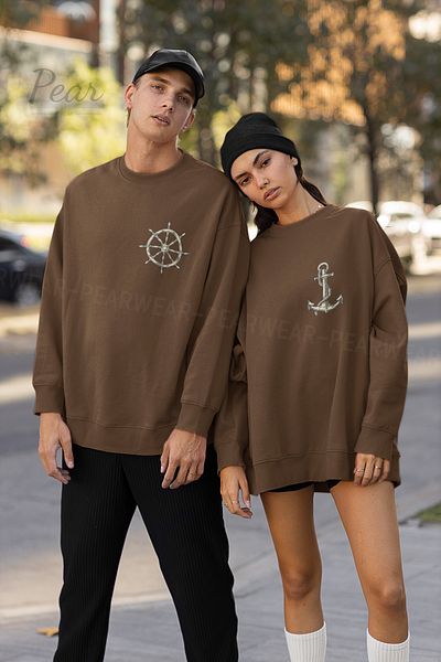 Pear Wear Anchor Helm Printed Unisex 3 Thread Raised Lover Set Oversize Φούτερ 2 τεμαχίων