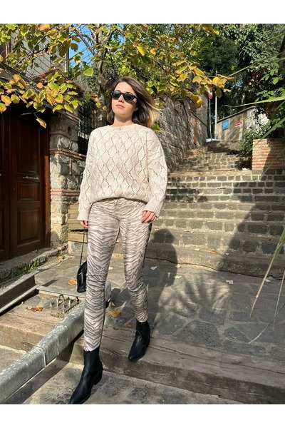 Pastelist. Pastel renk zebra desenli skinny premium kadın jeans