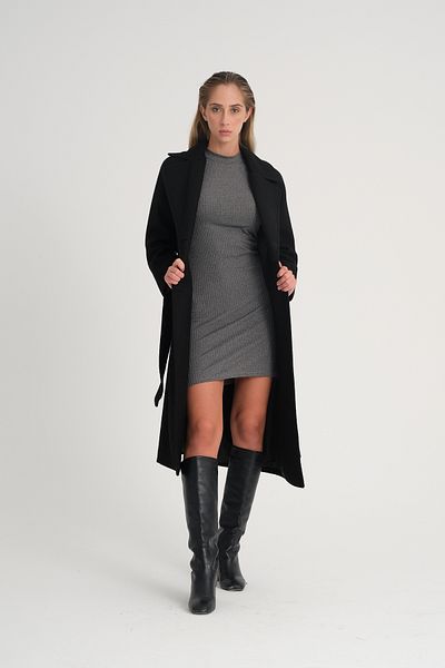 Soydan Güner Oversize Double Breasted Raglan Sleeve Medium Length (120 CM) Wool Content Coat Black 1280