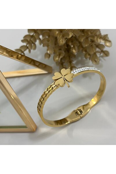 GNY BUJİTERİ ÇELİK GOLD YONCA TAŞLI KELEPÇE BİLEKLİK