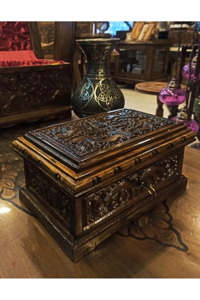 Fillikutum Oyma Ahşap Sandık Oyma Motifli Mücevher Sandığı Kilitli Takı Kutusu Ahşap 24 Cm