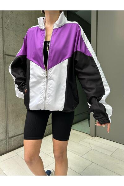 Toum Vintage Mor Baggy Paraşüt Kumaş Kolej Ceket Antrasit Eşofman