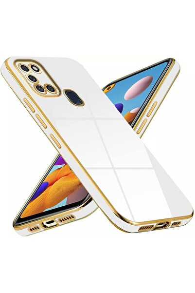 Fibaks Samsung Galaxy A21S Kılıf Parlak Kenarlı Altın Işlemeli Kamera Korumalı Kapak