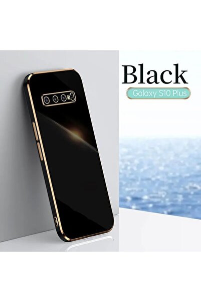 Fibaks Samsung Galaxy S10 Plus Kılıf Parlak Kenarlı Altın Işlemeli Kamera Kor...