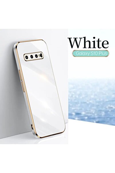 Fibaks Samsung Galaxy S10 Plus Kılıf Parlak Kenarlı Altın Işlemeli Kamera Korumalı Kapak