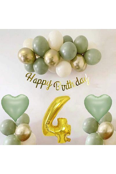 Patladı Gitti Sage Concept 4 Year Old Birthday Set ; Mold Green-chrome Gold- Sea Sand And Sage Heart Foil Balloon