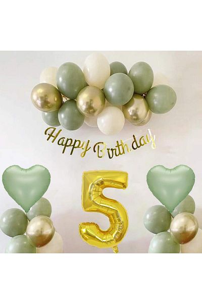 Patladı Gitti Sage Concept 5 Year Old Birthday Set ; Mold Green-chrome Gold- Sea Sand And Sage Heart Foil Balloon