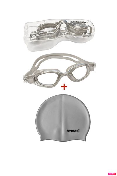 AVESSA GS-7 2-Piece Adult Unisex Pool Set Antifog Swimmer Sea Goggles Pool Goggles Gray + Silicone Cap