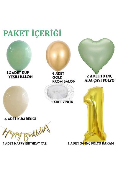 Patladı Gitti Sage Concept 1 Year Old Birthday Set ; Mold Green-chrome Gold- Sea Sand And Sage Heart Foil Balloon