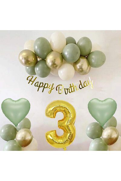 Patladı Gitti Sage Concept 3 Year Old Birthday Set ; Mold Green-chrome Gold- Sea Sand And Sage Heart Foil Balloon
