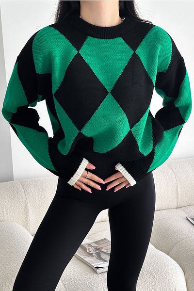 FEMELLE Pulover de damă, verde, mărime standard, cu model de diamante