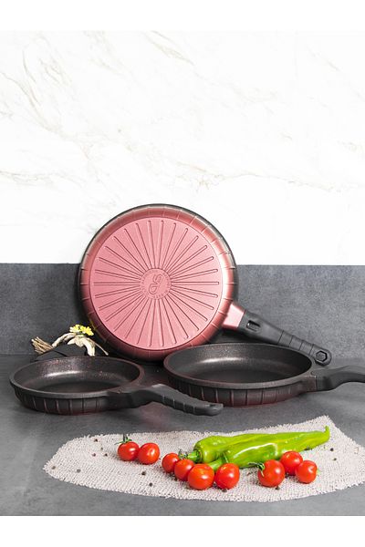 CVS 3-Piece Fireproof Non-Stick Red Granite Pan Set (20CM-24CM-28 CM)