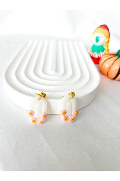 TREND White Transparent Mini Pink Floral Polymer Earrings