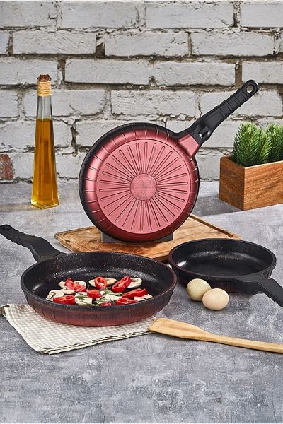 CVS 3-Piece Fireproof Non-Stick Red Granite Pan Set (20CM-24CM-28 CM)