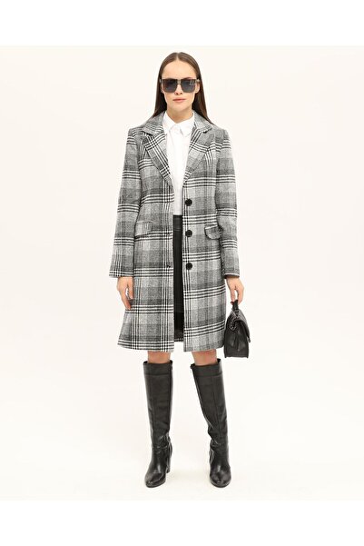 SİZ Kadın Ekose Desenli Kaşe Astarlı Uzun Kaban