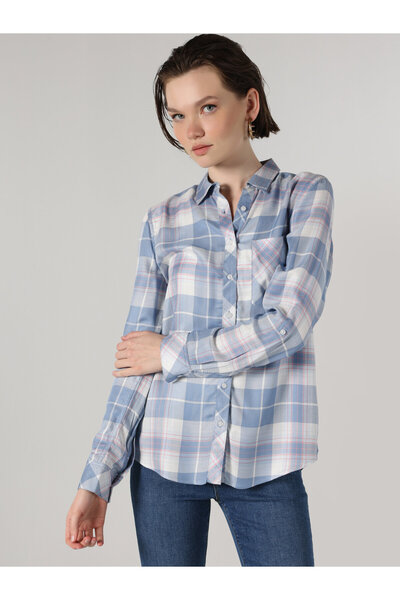 Colin's Regular Fit Ekoseli Cepli Mavi Kadın Uzun Kol Gömlek