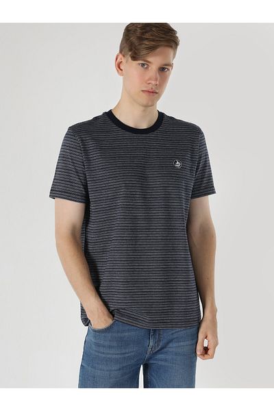 Colin's Navy Blue Striped Regular Fit Crew Neck Men's Short Sleeve T-Shirt
