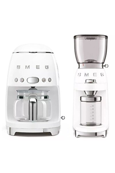 SMEG White Filter Coffee Machine And Coffee Grinder Set