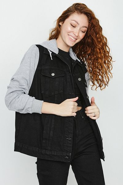 Select Moda Jachetă de blugi oversize din bumbac pieptănat cu mâneci cu glugă pentru femei