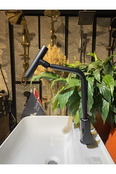 İSAOĞLU YAPI Black Kitchen Faucet Telescopic Faucet 360 Movable Head Matte Black Kitchen Faucet