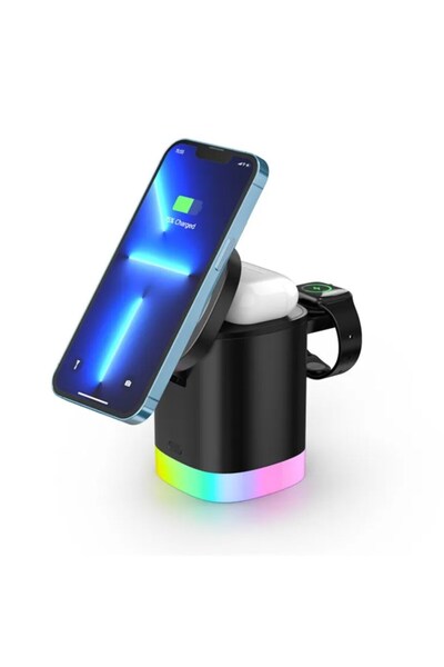 Techmaster 3in1 15w Iphone Airpods Watch Kablosuz Şarj Cihazı Rgb Işıklı T15