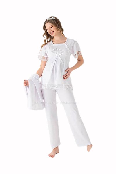 VocalMood Set pijamale de maternitate cu rochie de pijama din 3 piese Jenika 52287 de culoare albă