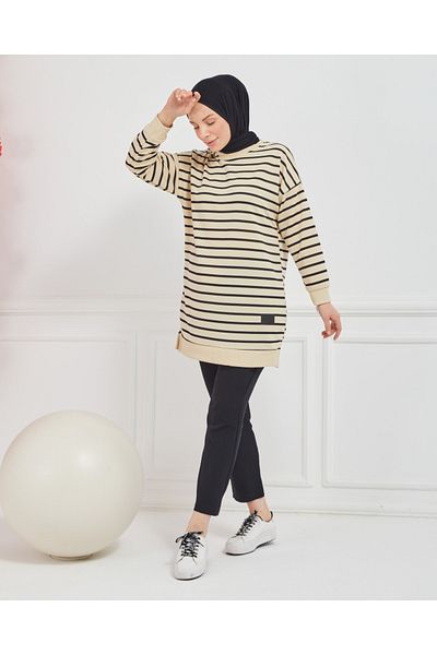 Arabul Triko Cotton Striped Knitwear Hijab Tunic - Two Thread