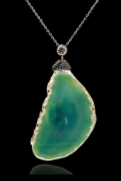 Tesbih Atölyesi Certified Zircon Stone Plate Green Agate Stone Necklace