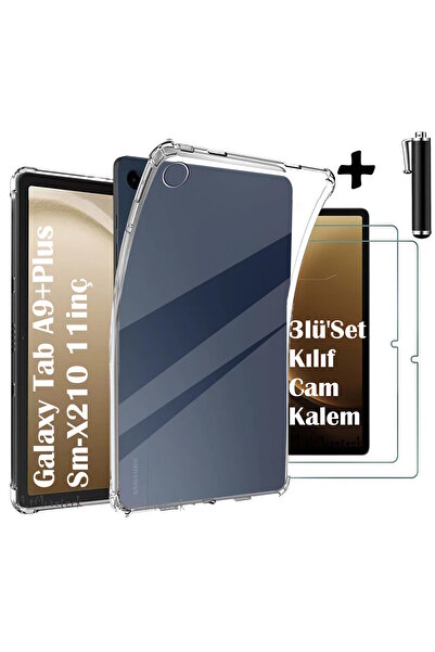 m.tk moveteck Samsung Galaxy Tab A9 Plus 11 inç Kılıf + Cam +Kalem Şeffaf Köşe Korumalı Silikon Tablet Kılıfı X210