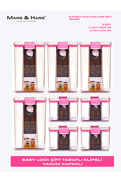 Mars & Hars 8'li Sızdırmaz, Çift Kilit Klipsli, Vakum Kapaklı, Erzak, Baharat...