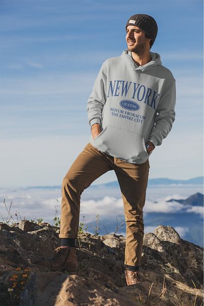 LULO New York Queens Unisex Μπλε βαμβακερό φούτερ με κουκούλα - Ράις εσωτερικά με κουκούλα
