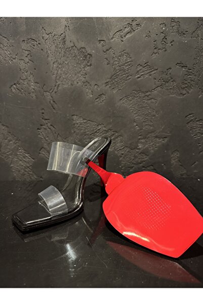 Gron Shoes Siyah Şeffaf Bantlı Kırmızı Tabanlı HAKİKİ DERİ Kadın Terlik