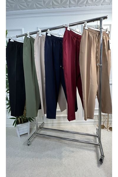 Aşkı Endam Large Size Charm Imported Slim Leg Trousers with Elastic Waist and Side Pockets - Mink