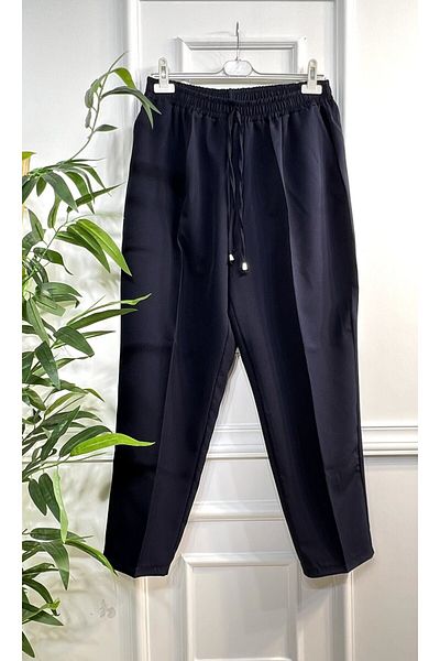 Aşkı Endam Large Size Charm Imported Slim Leg Trousers with Elastic Waist and Side Pockets - Navy Blue