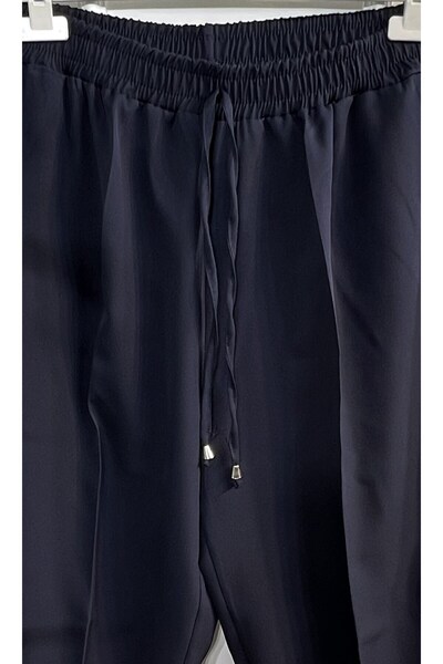 Aşkı Endam Large Size Charm Imported Slim Leg Trousers with Elastic Waist and Side Pockets - Navy Blue