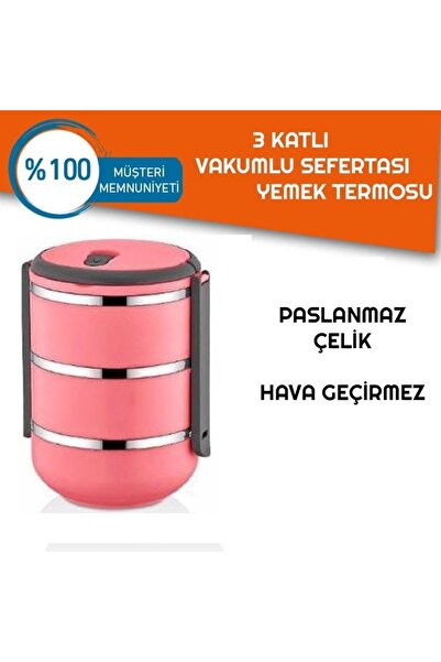 MAGİTOPTAN Sefer Tası Yemek Termosu Saklama Kabı Termosu 3lü - Pembe