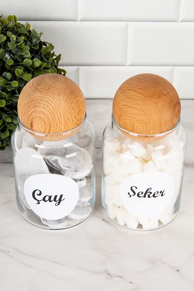 DNS HOME 2-Piece Wooden Ball Lid Labeled Tea Candy Storage Container Jar Set 800ml