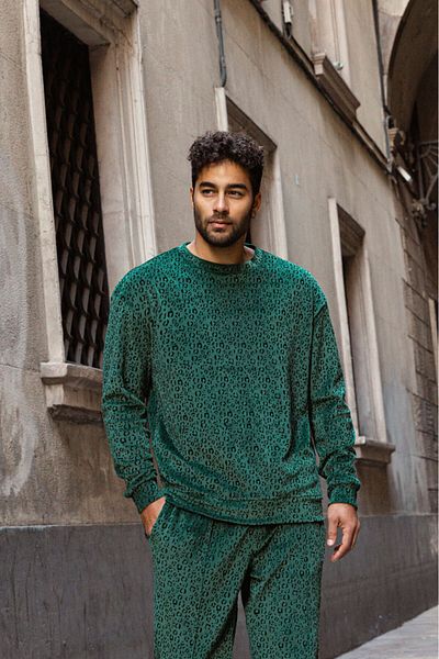 Dear Deer Green Leo Velvet Sweatshirt&Pants Suit Set