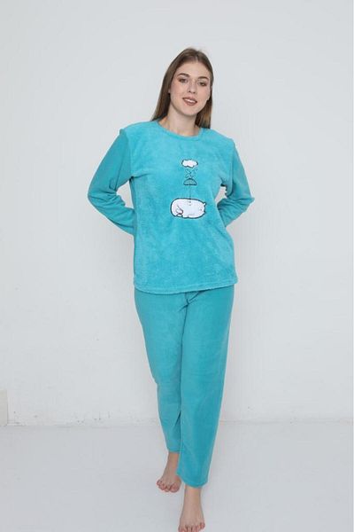 FAMES PİJAMA Turquoise Wellsoft Winter Women's Pajama Set