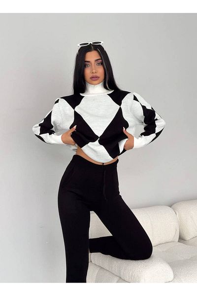 rengamoda Women's Large Diamond Pattern Turtleneck Sweater Pocket Bottom Double Knitwear Set (Coloured)