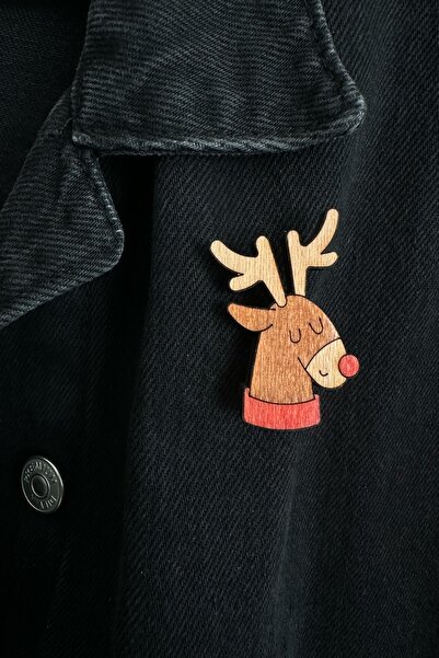 gokmentoy Noel Geyik Ahşap El Boyaması Broş