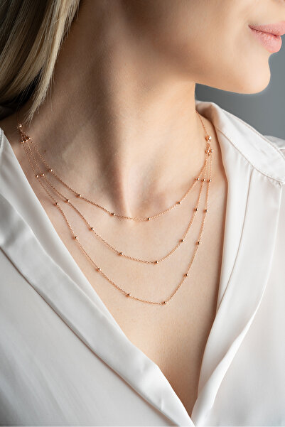 Nereze 925 Ayar Gümüş Rose Kaplama 3 Sıra Minik Dorika Toplu Kolye