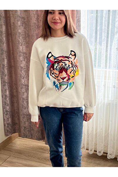 kaplan nakışlı üç iplik şardonlu sweatshirt