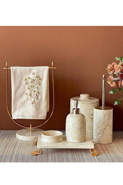 st sarıtaş BEJ MERMER GOLD GINKO AKSESUAR DETAYLI 6 LÜ BANYO SETİ
